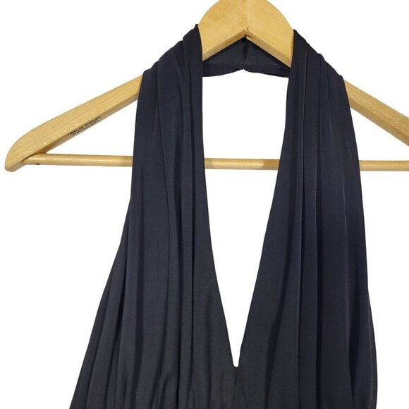Vintage 90s Tadashi Black Halter Jersey Knit Pleated Cocktail Dress Size M - Picture 2 of 10